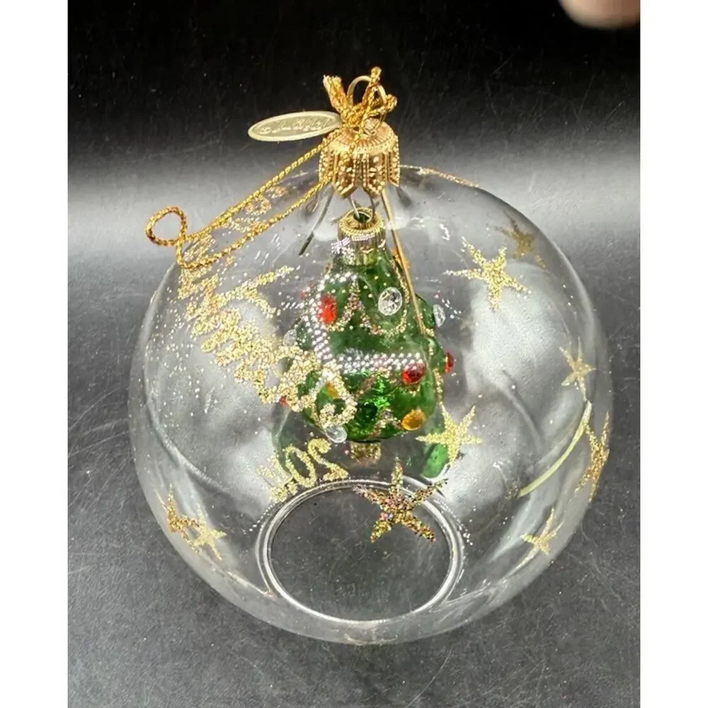 Pier 1 Glass Tree Christmas Ball With Blown Glass Green Tree Inside -T34